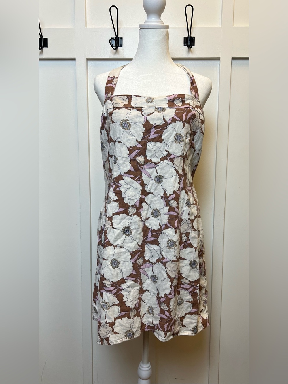 Abercrombie Fitch Women's Large Brown Cream Floral Halter Mini Dress Coquette